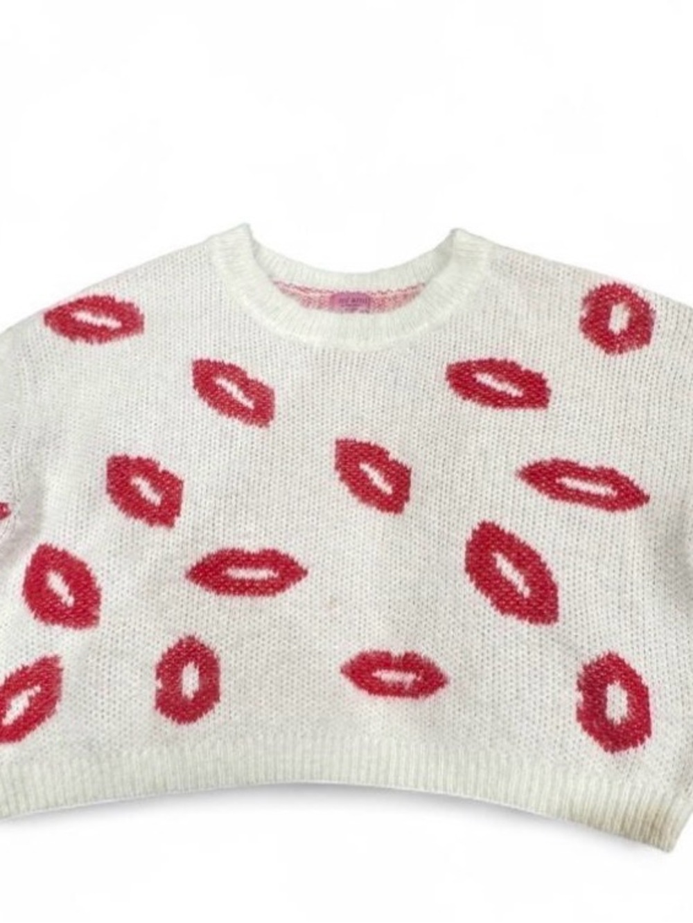 Francesca's Collections, Mi Ami,  White Crewneck Sweater with Red Lip Pattern